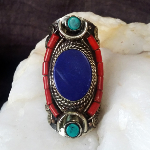 Large Silver Coral, Lapis Turquoise Stone Ring - Picture 3 of 6